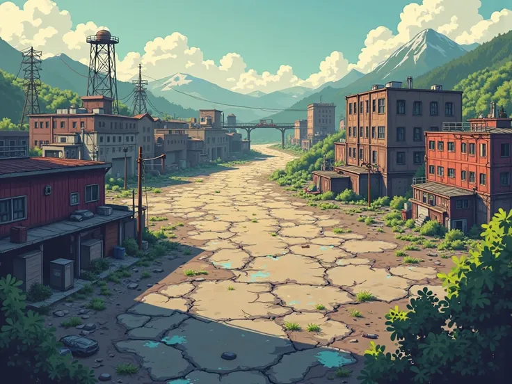 "2D pixel art game background/Cartoon/Semi-realistic style - empty industrial site for placing buildings. view from above or at ...