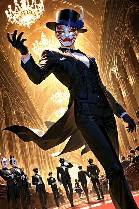 top quality, masterpiece, ultra high resolution, 1 male, mask, 白いmask, Elegant black tuxedo, Classy Gloves, silk hat, , , Evenin...