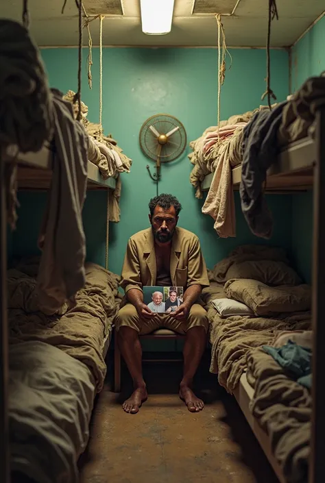Ultra-realistic, highly detailed, Small Gulf labor room with 10 Indian men. Bunk beds packed side by side, clothes hanging from ...