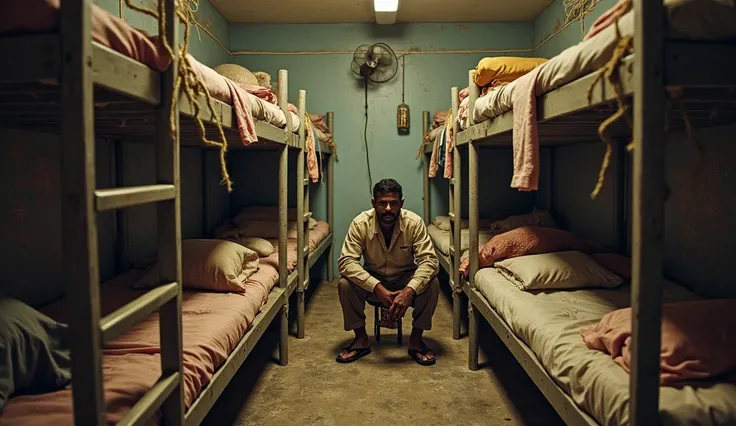Ultra-realistic, highly detailed, Small Gulf labor room with 10 Indian men. Bunk beds packed side by side, clothes hanging from ...