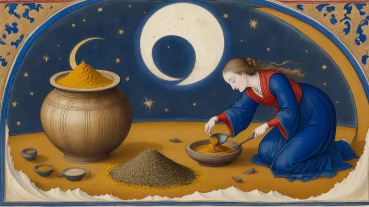 Late 15th-century illuminated manuscript miniature, tempera and shell-gold on vellum, depicting a woman mixing crushed bark and ...