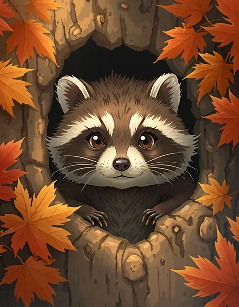 This is a charming and heartwarming illustration of a raccoon peeking out of a tree hollow. Here's a breakdown of the image:
🦝 ...