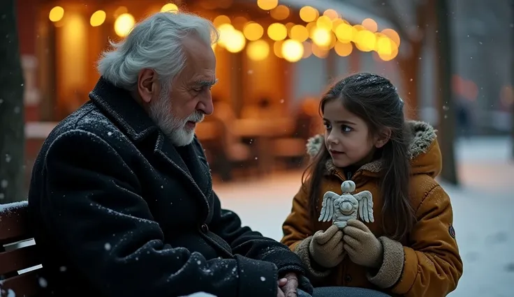 "Ultra-realistic cinematic scene at dusk: a lonely, wealthy elderly man in an elegant black coat sits on a snowy park bench with...