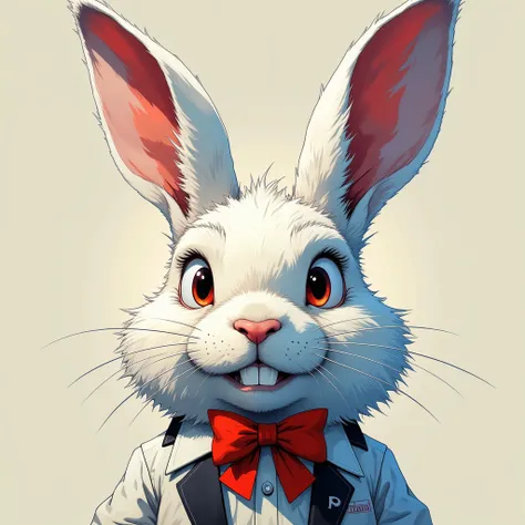 White bust rabbit with red bow tie and big ears, fundo azul . Mostrando os dentes , Highly detailed digital art, inspired by Ale...