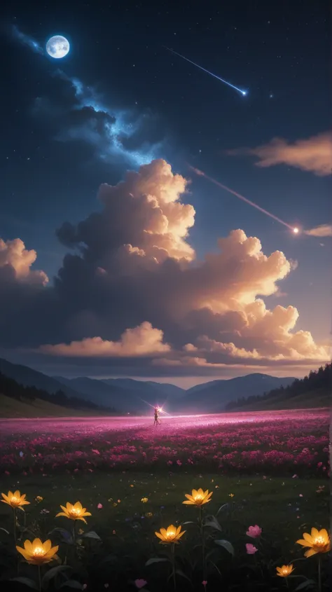 
**“A breathtaking cinematic night scene captured from a tilt-up camera angle — starting from a foreground of soft, long-stemmed...