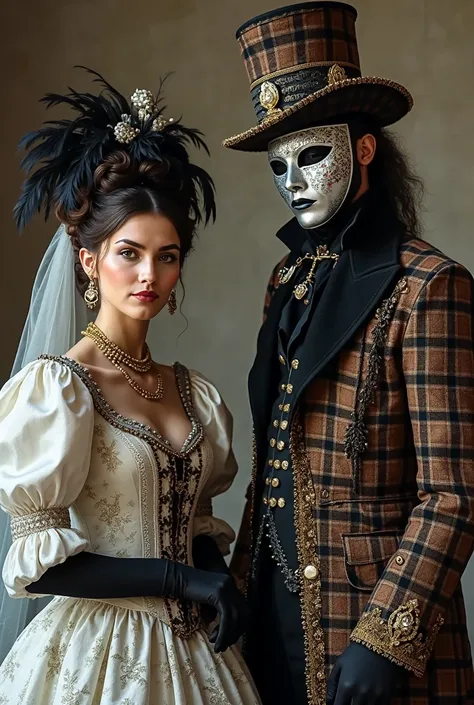 Imagine an immersive setting at an elegant masquerade party, where two characters wear richly detailed costumes inspired by the ...
