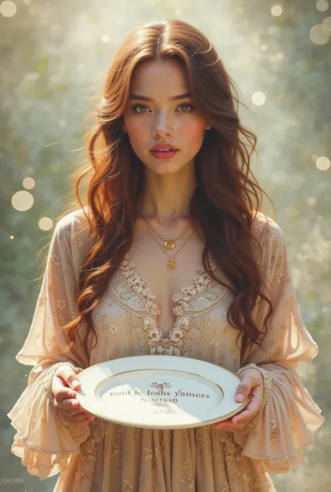Beautiful girl with long wavy hair, bohemian dress, holding a white plate with the text "I Love Seaart Infinity" and showing it ...