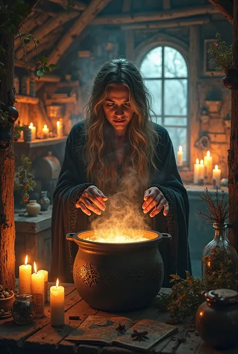Here's the English translation:
**"A witch inside her dimly lit wooden hut illuminated by candles, preparing a magical potion."...