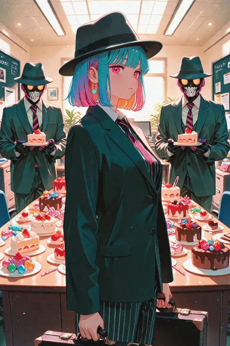 sweet girl, she has candy colored hair, wearing a striped black suit, fedora, mob boss, office, candy, cake, sweets, briefcase, ...