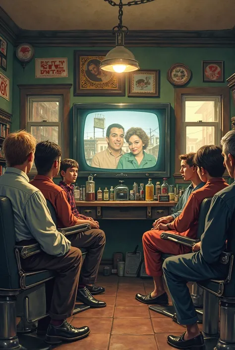 people in a barber shop watching tv