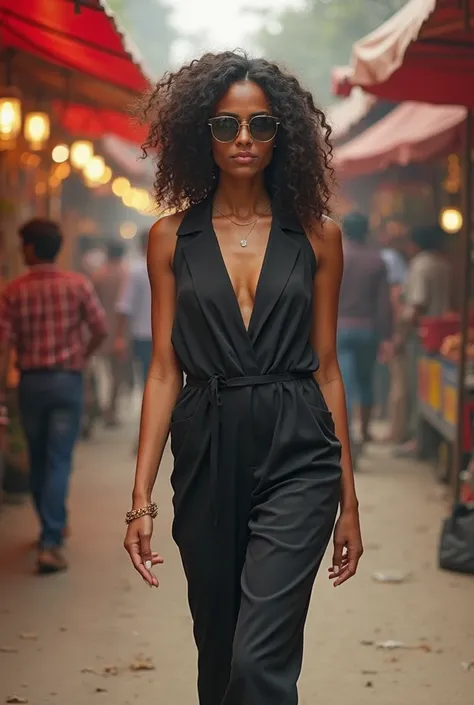 A fashionable 29-year-old Indian girl with curly hair, dressed in a sleek, fitted jumpsuit, walking through a busy street market...