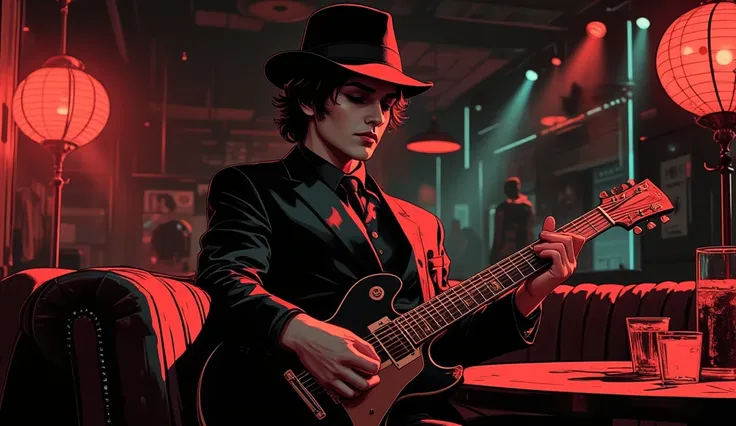 (((A Sexy Girl))), ((Original Illustration)), (best quality), (Simple style), (Japan
ese theme), A stylish jazz guitarist in a f...