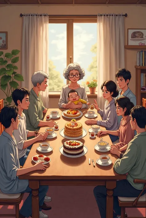 A warm, happy scene in a cozy living room. Ten people are sitting around a large wooden table with food, tea cups, and a cake. I...