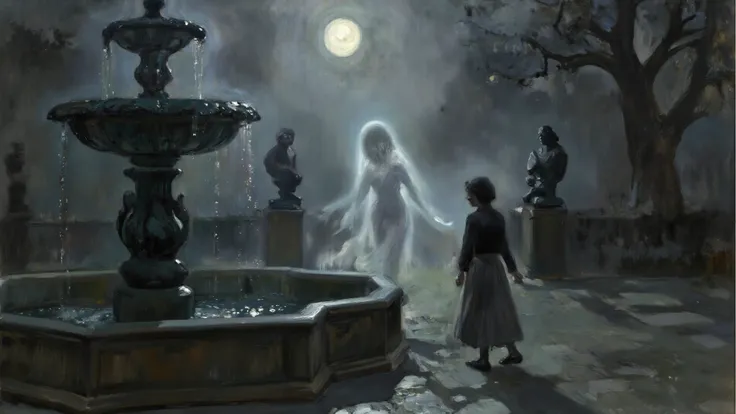 dramatic chiaroscuro oil painting, a translucent figure dissolving into fog around a woman walking away, background of moonlit c...