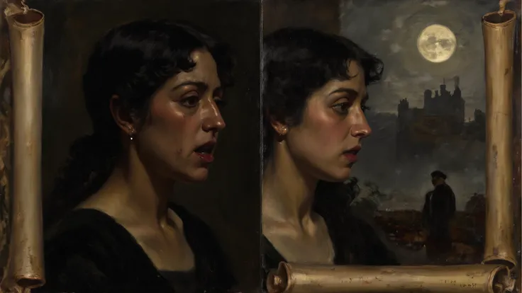 dramatic chiaroscuro oil painting, split-scene composition: left shows a woman’s anguished face in shadow, right shows her dream...