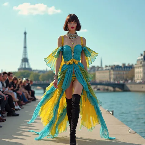 Full body shot a brunette Russian model with green eyes, raspberry lipstick and nail polish, bob haircut, numerous necklaces, br...