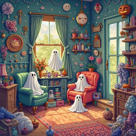 picture ten disguised ghosts that need to be found in the room of a cartoon-style house