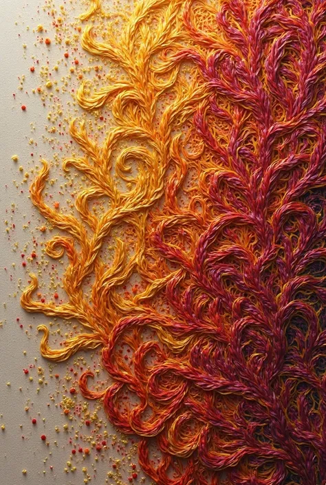 An artistic picture embroidered in yellow and red colors