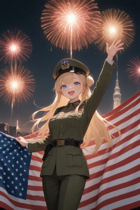 Creat the Masterpiece portrait art work of the American national day 4th of july that's represent the white Woman soldier , Lon...