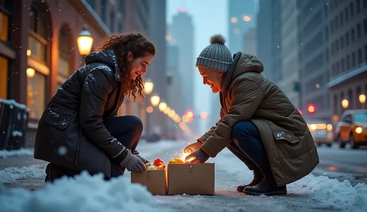 A heartwarming scene set in a snowy Chicago evening, capturing a young woman with chestnut curls and a warm smile kneeling on an...