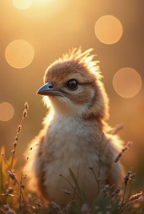 A mesmerizing close-up portrait of a beautiful little bird illuminated by the soft golden light of a quiet morning, with vibrant...