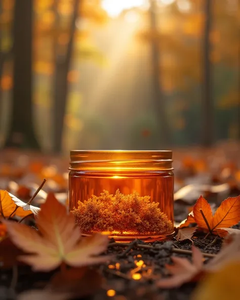 Generate a hyper realistic image Ultra HD for a product in the middle of the forest and the forest leaf matches the color of the...