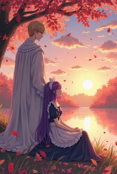 creates a purple-haired anime girl dressed as a maid,is sitting next to a tall blond prince in a white robe,by the river, sunset...