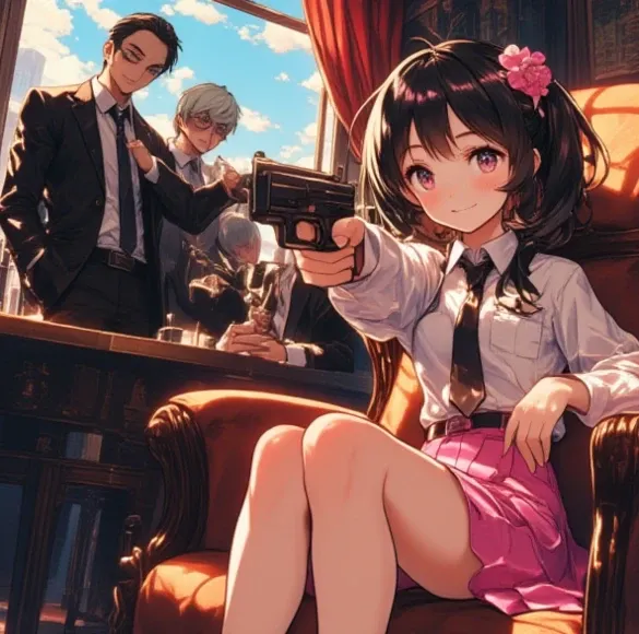 A cute anime girl in a pink skirt sitting in a cozy chair looking a you cutely smiling pointing gun at you behind her high profe...