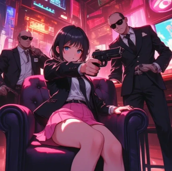 A cute anime girl in a pink skirt sitting in a cozy chair looking a you cutely smiling pointing gun at you behind her high profe...
