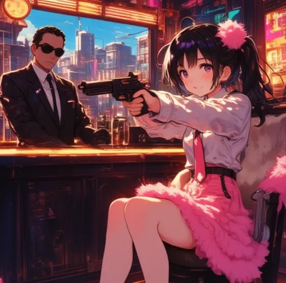 A cute anime girl in a pink and fluffy skirt sitting in a cozy chair looking a you cutely smiling pointing gun at you behind her...