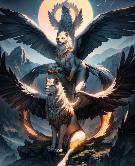 (a majestic griffin perched atop an ancient cliffside temple, wide eagle wings spread dramatically, lion body radiating strength...
