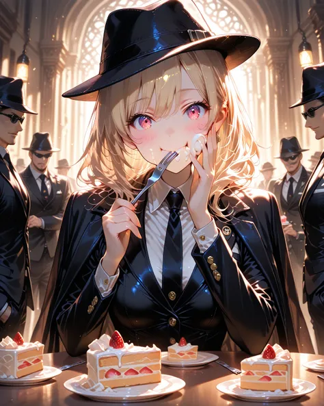 Masterpiece, high resolution, highest quality, flat colors, one girl, mafia boss, cute girl, mafia suit, fedora hat, happy, melt...