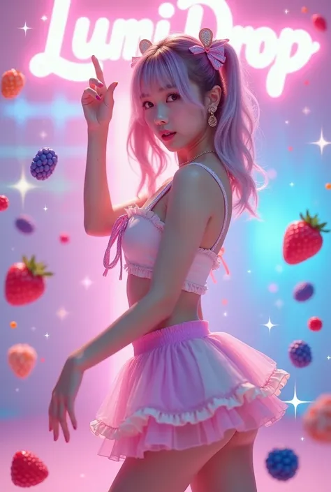 An ultra-realistic Japanese idol girl from LUMI☆DROP, part of the dance team, wearing a pastel-colored crop top and a short skir...