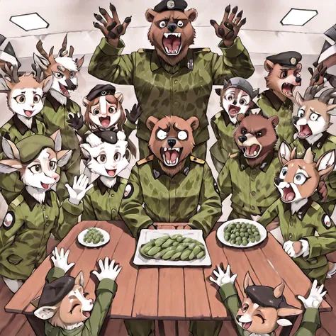 Furry male goat, a deer (The goat is dressed in camouflage uniform and a black beret. The deer is dressed in an olive military u...