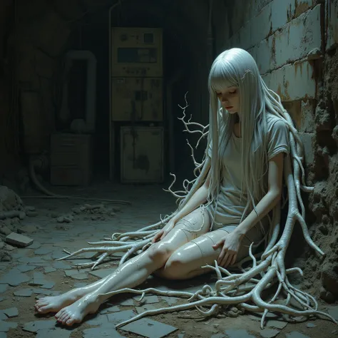 Research facility that remodeled coal mine ruins、dark room、A girl whose lower body is fused with white tree roots、hair is very l...