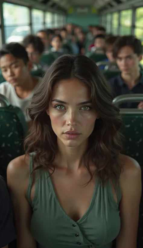 A brunette woman with green eyes, com suor no rosto , inside a bus full of people/ fotorealista