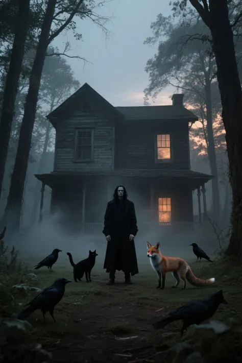 Mysterious man surrounded by animals—cats, crows, foxes—in front of an old western-style house, magical aura, forest edge, gothi...