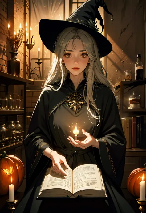 (Masterpiece) A beautiful witch experimenting with alchemy inside a mysterious, cozy indoor laboratory. The room is filled with ...