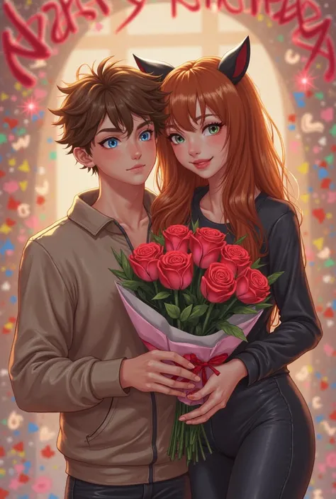I want a picture with this same person, He's a boy, But that I am holding a bouquet of roses in one hand and in the other hand h...
