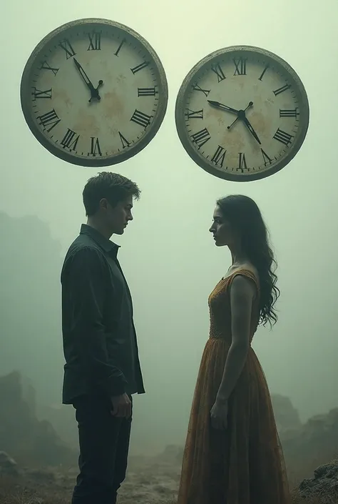 Two people with a, clock showing different times"