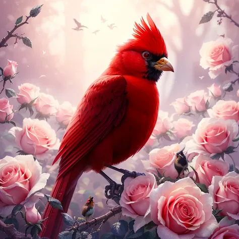 arafed red bird sitting on a branch of a tree with pink roses, red bird, an ethereal cardinal bird, Many birds and roses are fl...