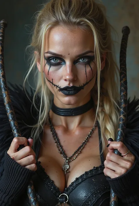 1 woman, ((black fingernails)), ((dark viking war paint)), Swedish face, blue eyes, ((holding two black leather whips)), beautif...