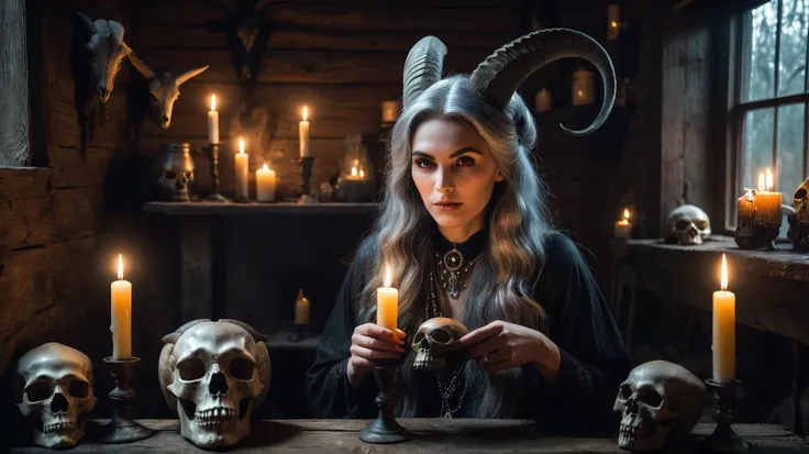 old beautiful witch inside an old house with a goat head, doing black magic, gloomy mood, candles, skulls scary scene