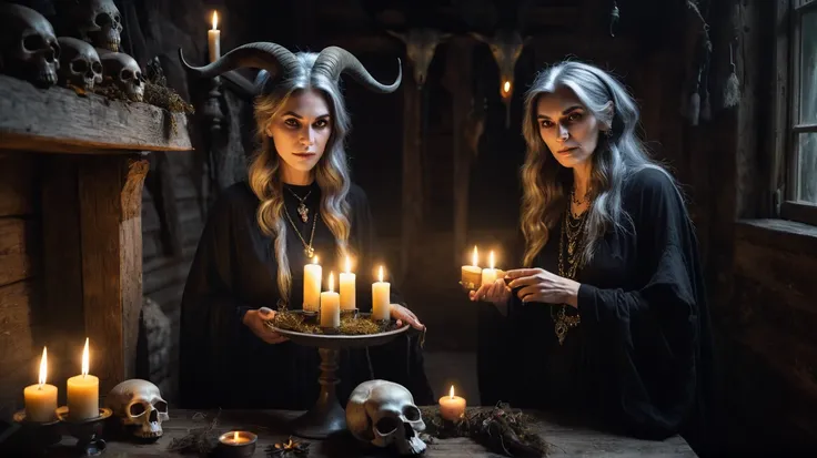 old beautiful witch inside an old house with a goat head, doing black magic, gloomy mood, candles, skulls scary scene