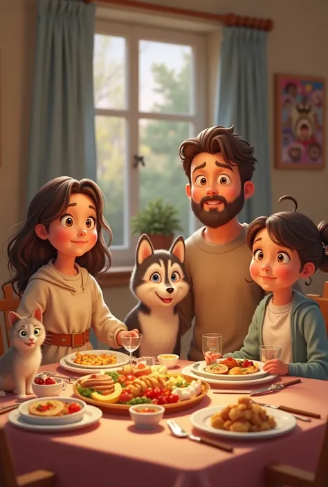 Image 3D cartoon,Famille réunie pour le dîner. Cette famille se compose de la mère voilé et du père, deux enfants et deux filles...