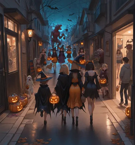 neighborhood, halloween, upstart neighborhood, monsters, walking around, multiple characters, masterpiece, best quality, amazing...