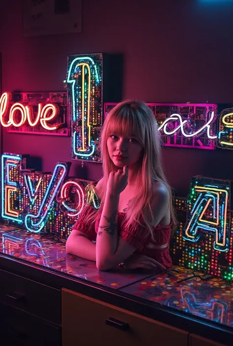 Cleaner hair. Volume light and airy corporate profile photo. Playful still, surrounding dark room neon cyberpunk at night coordi...