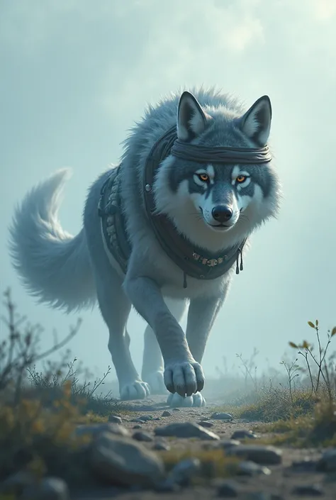 Okamizumi, The Lone Wolf. A scarred wolf Pokémon with a headband strides through a shimmering steppe mist.