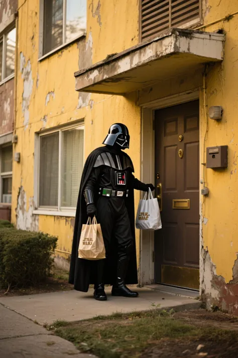 Neighbor Darth Vader is about to enter the front door with shopping bags hanging、Old apartment、outside