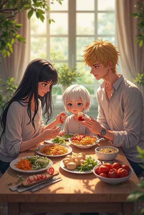 
Family of three with elemental powers, a 27 year old blond man, blue eyes, 1.80 meters tall, slim, with powers next to a 27 yea...